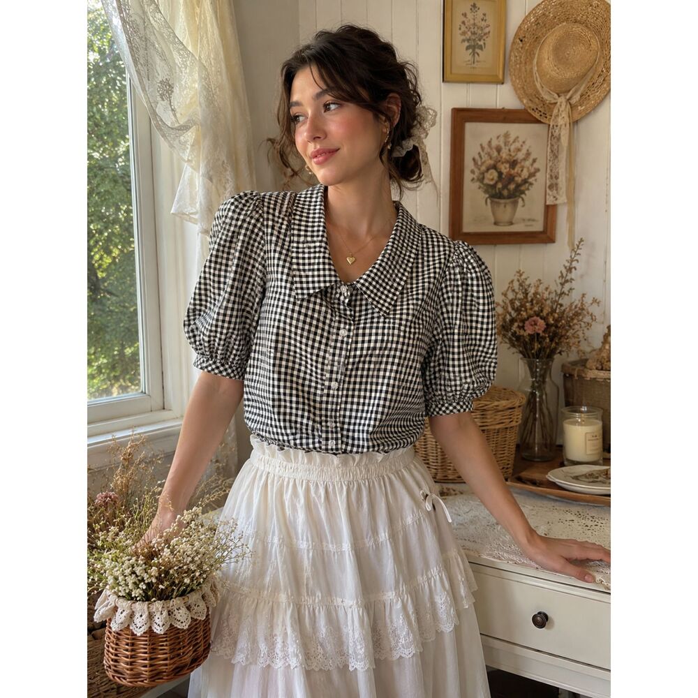 Black & White Gingham Checkered Volume Sleeve Blouse Cottagecore Sz L